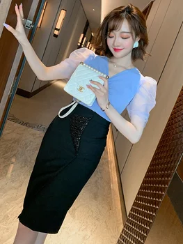 

Fashion Beaded Pleated Mosaic Seersucker Sleeve Top + Split Step Skirt Suit Women's Fashion Summer New Style