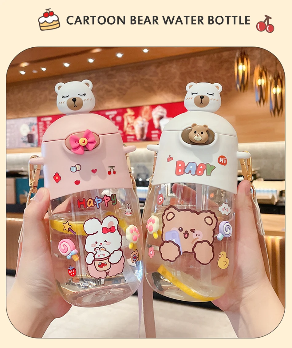 Cute Water Bottles Kawaii for Girls Water Bottle with Strap and Strap for Children Leakproof Plastic Drink Water Bottles BPA Free 