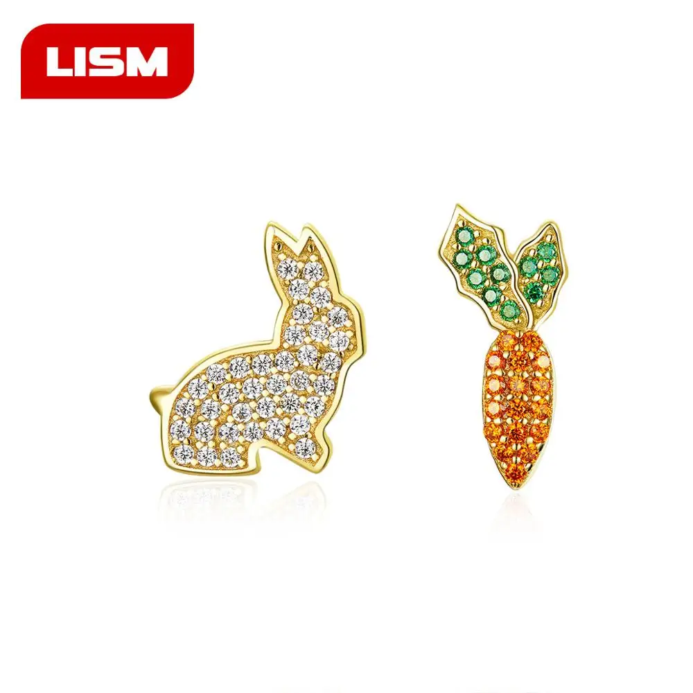 

925 Sterling Silver Cute Animal Bunny Rabbit Carrot Stud Earrings Zircon Asymmetry Creative Cartoon Ear Jewelry for Child Girls