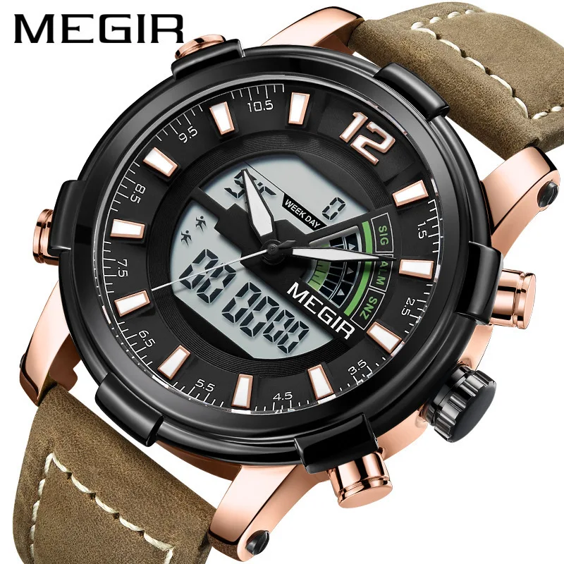 

Mei gainer megir Watch Men's Dual Display Movement Multi-functional Sports Genuine Leather 2089