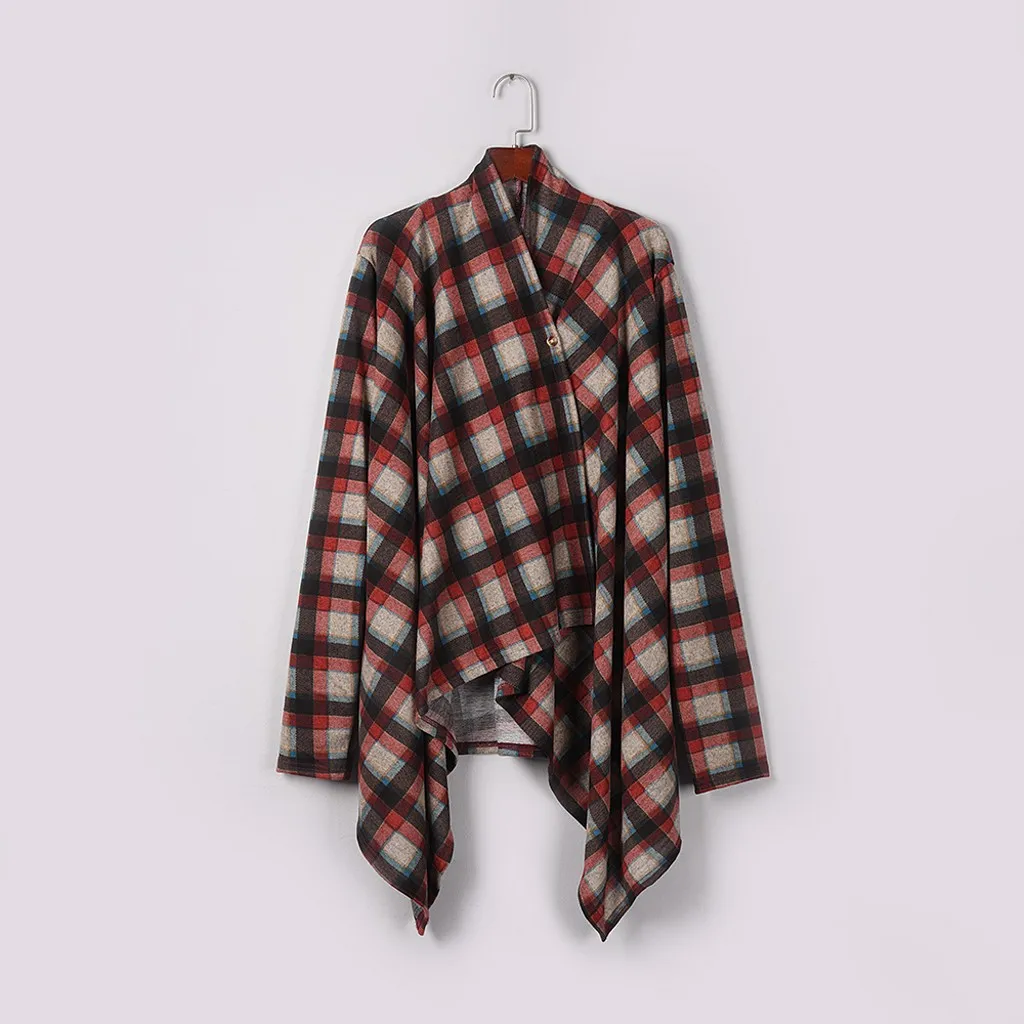 Women O-Neck Plaid Cape cardigan coat Cloak Sweater open button Irregular Patchwork Tops Cloak Winter Loose Sweater Coat 10.10