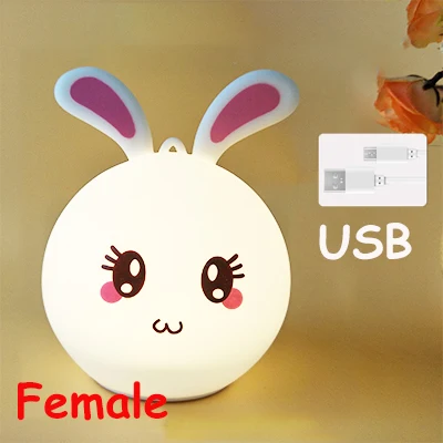 USB Батарея 7 цветов кролик светодиодный светильник в виде животного для Детей Силиконовый мягкий мультяшный Детский Светильник для сна - Color: Female USB