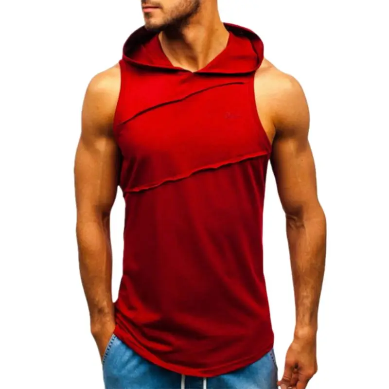 Mens Sleeveless Hooded Vest Casual Slim Fitness Sports Workout Pullover Tank Top Letters Embroidery Solid Color Gym Sweatshirt - Цвет: Red