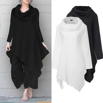 

Tunic Women Asymmetrical Blouse VONDA 2020 Autumn Pleated Long Sleeve Shirt Female Blusas Casual Turtleneck Plus Size Tops