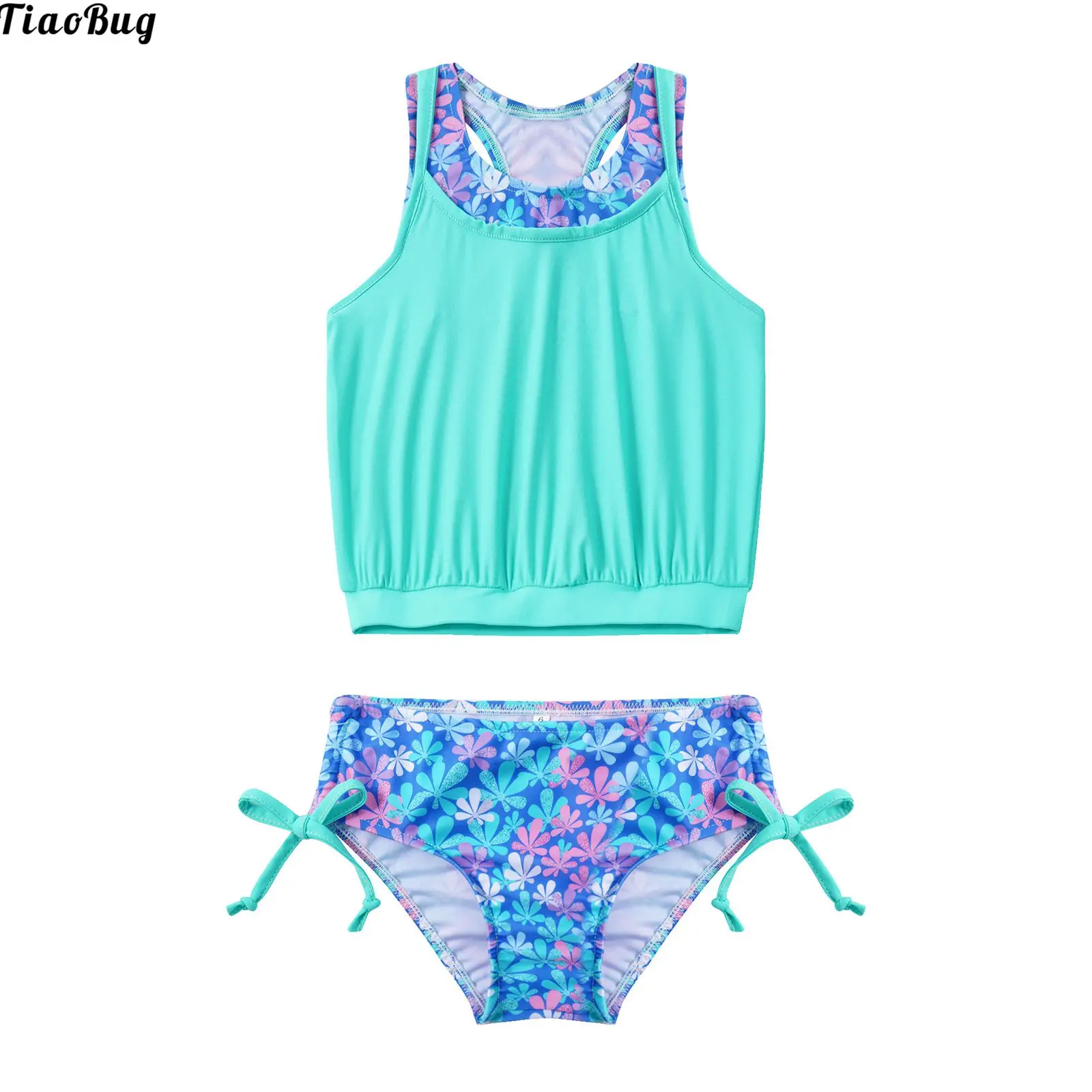 

TiaoBug Summer 2Pcs Kids Girls Tankini Sets Round Neck Sleeveless Racer Back Vest Top And Briefs Beach Bathing Swimwear Swimsuit