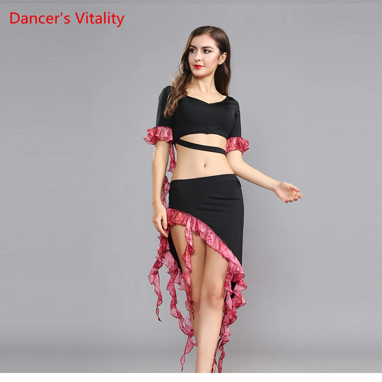 

Smeela Women Sexy Belly Dancing Outfits Top+Skirt 2PCS Belly Dance Practice Set with Leaf Tassels Green Red