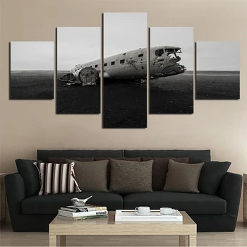 

Black And White Canvas Painting Abandoned Aircraft Airplane Conbination Poster Wall Art Print 5pcs