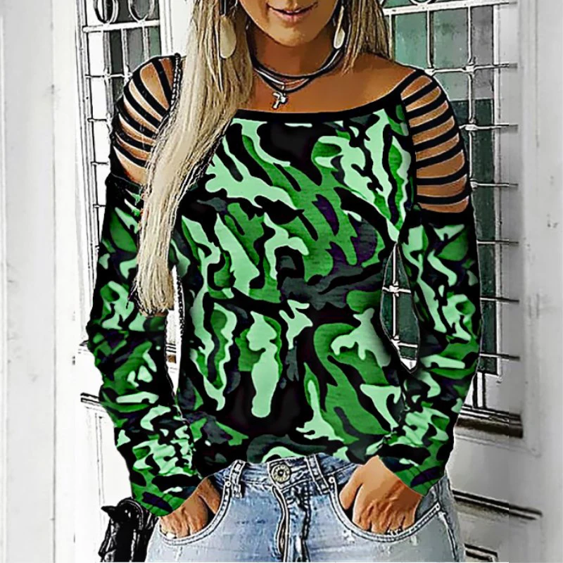 Плюс размер Camouflage Печатный камуфляж сексуальный полый тонкий длинный рукав армейский зеленый женские Топы Футболка Femme Военная футболка SJ4480U