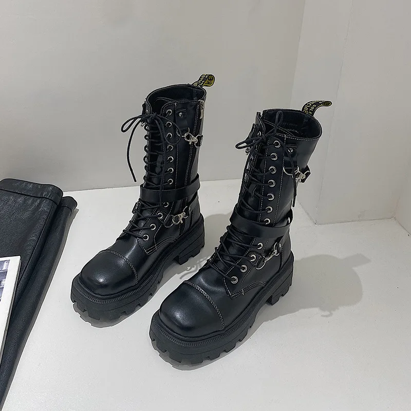 Platform Boots Ladies Punk Gothic for Women's New Combat Boots Casual Black Metal Button Knight Booties Female Motorcycle Shoes 