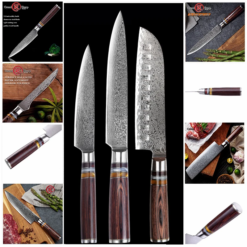 GRANDSHARP Damascus Knife Sets vg10 Japanese Damascus Steel Kitchen Slicing Knives Chef's Set Family Gift Kitchen Cooking Tools