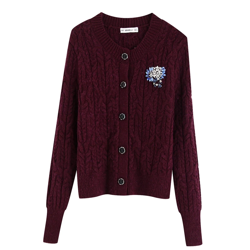 AGong Jewelry Diamond Sweaters Women Fashion V Neck Knitted Sweater Elegant Single Breasted Female Ladies JAB |