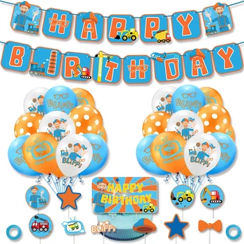 

Blippi theme paper letter banner cake topper latex balloon combination birthday party set dessert table decoration insert suit
