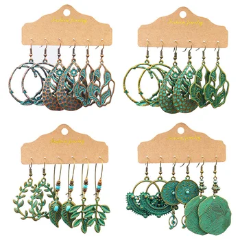 

Bronze Green Color Geometric Big Round Leaf Flower Shape Drop Earrings Set For Women Girls Vintage Boho Ethnic Jewelry kolczyki