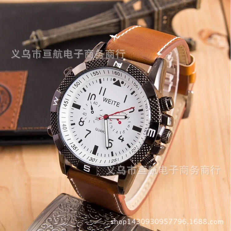 

Hot Selling Genuine Leather Launched MEN'S Watch Double-Layer Large Dial with Numbers Measuring Quartz Watch