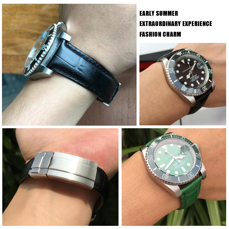 SCHIK Genuine Leather Watchband 20mm for Rolex Yatch Master Submariner Daytona Black Green Alligator Pattern Watch Strap