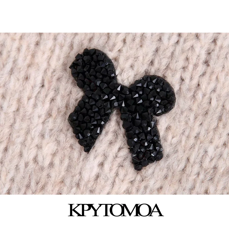 Skup Vintage elegancka, z kokardą Tie aplikacje sweter z dzianiny damskie 2019 Fashion O Neck z długim rękawem damskie swetry eleganckie koszule