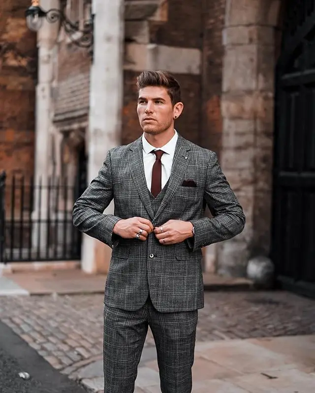 Британский клетчатый мужской костюм из 3 предметов, классический приталенный костюм, деловой пиджак, брюки, жилет, Смокинги на заказ для свадьбы
