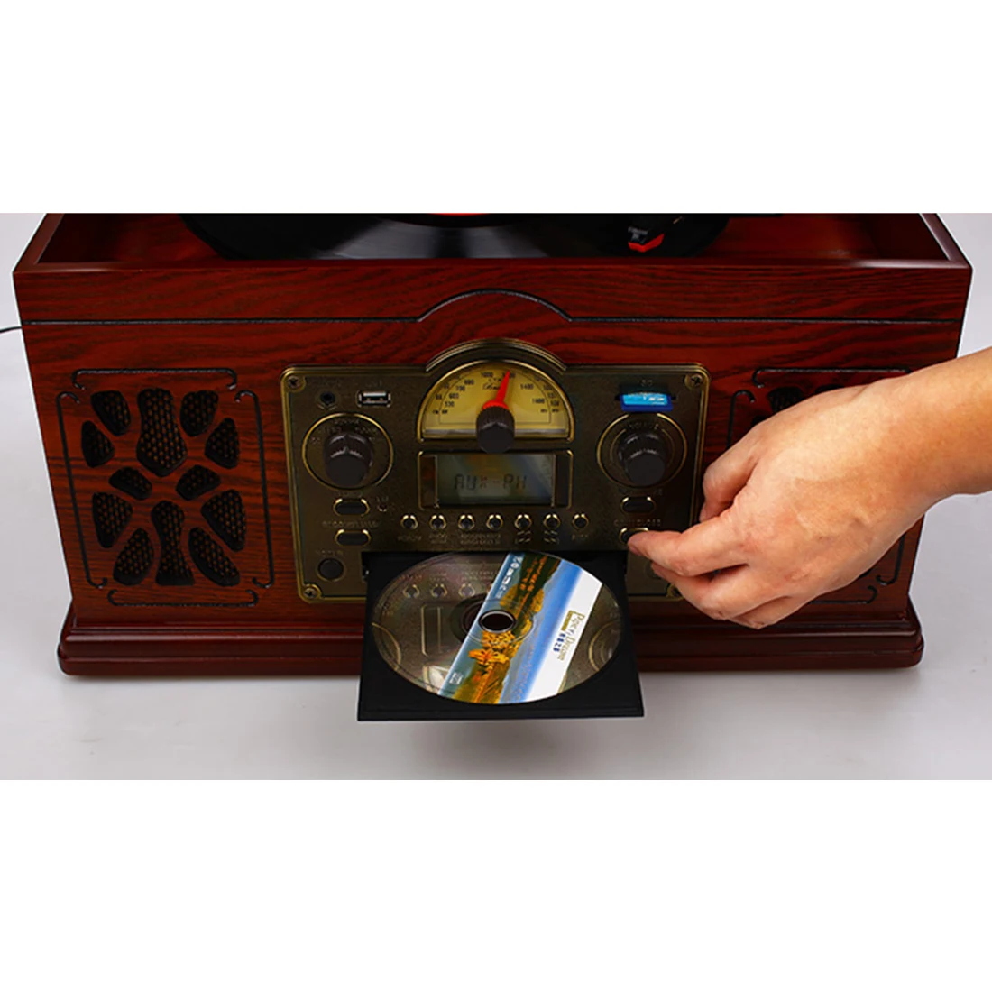 Retro Vinyl Record Player Audio Tape CD Bluetooth Old-fashioned Vintage Phonograph Turntables - Oak US Plug/ EU Adapter - Image 5