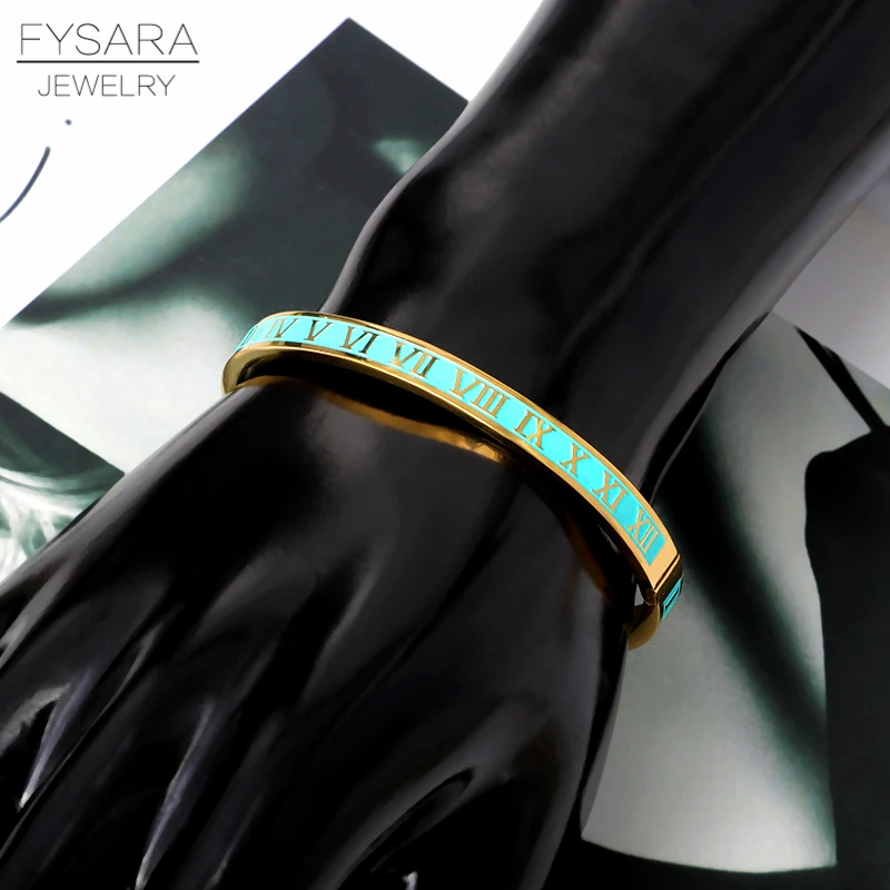 FYSARA Vintage Roman Letter Bangles & Bracelets For Women Black Gold Numeral Color Charm Cuff Bangles Stainless Steel Jewelry bangle bracelet