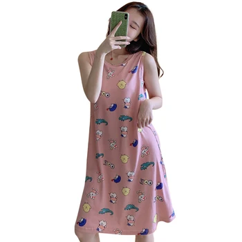 

Sleeveless Nightdress With Chest Pad Female Vestido New Korean Detachable Vest Mid-Length Home Service Dress