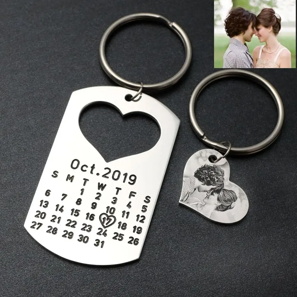 Anniversary gift Heart Keychain Personalised Calendar and Photo Keyring 