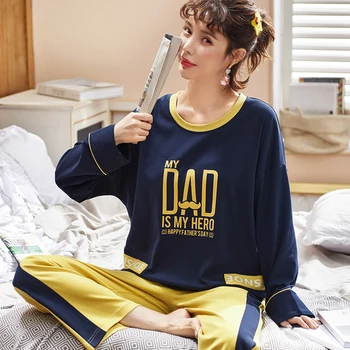 

Hot 2019 Spring Autumn Womens Pajama Sets O-Neck Letter Long Sleeve Women Sleepwear Korean Version Loose Pajamas Girls Nightgown