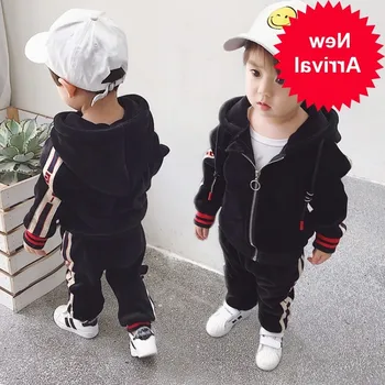 

Years Boys 2-8 Autumn Casual Sports Zipper Cardigan 2 PCS Set (Hoodie+ Long Pant) Fashion Striped Thicken Fleece Hoodies Suits