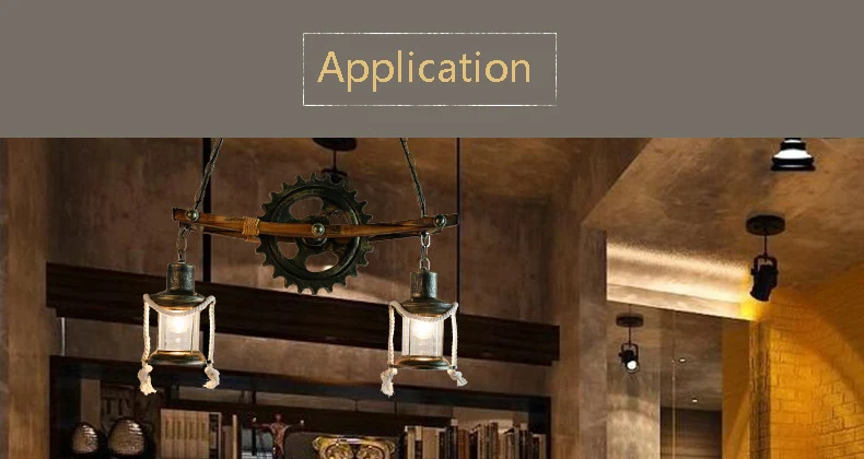 Rustic Pendant Lamp Round Wood Design Gear Retro Hemp Rope Hanging light26