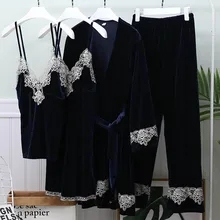 Золотое бархатное теплое зимнее ночное платье, набор халатов для женщин, 4 штуки, кружевной халат с длинным рукавом без рукавов, костюм, одежда для сна, домашний сервис