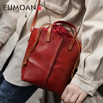 

EUMOAN Handmade one-shoulder handbag, leather oblique back bucket bag, women's draw rope plant tanning cowhide retro basket bag