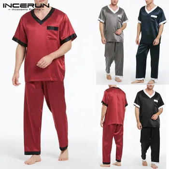 

Men Pajamas Sets Soft Patchwork Short Sleeve Casual V Neck Tops Nightwear Long Pants Men Sleepwear Sets 2020 Loungewear INCERUN