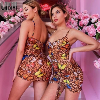 

LAISIYI 2020 Sleeveless Butterfly Print Leopard Sexy Mini Slip Dress V-neck Pleated Bandage Outfits Summer Women Sundresses Hot
