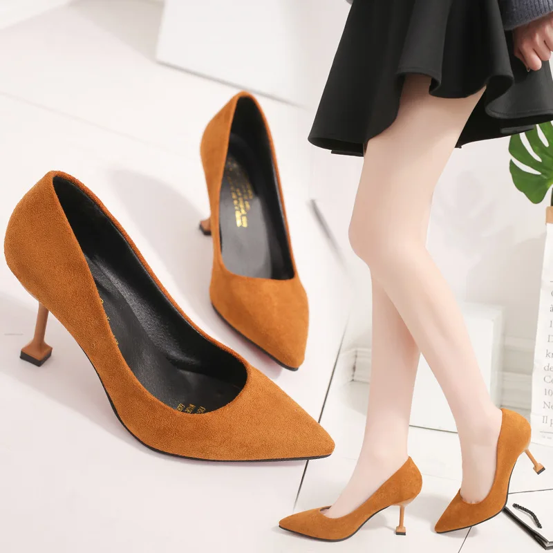 

2018 Spring And Autumn New Style Korean-style Pointed-Toe 8Cm High Heel Shoes Thin Heeled Kitten Heels Suede Low-Cut Versatile S