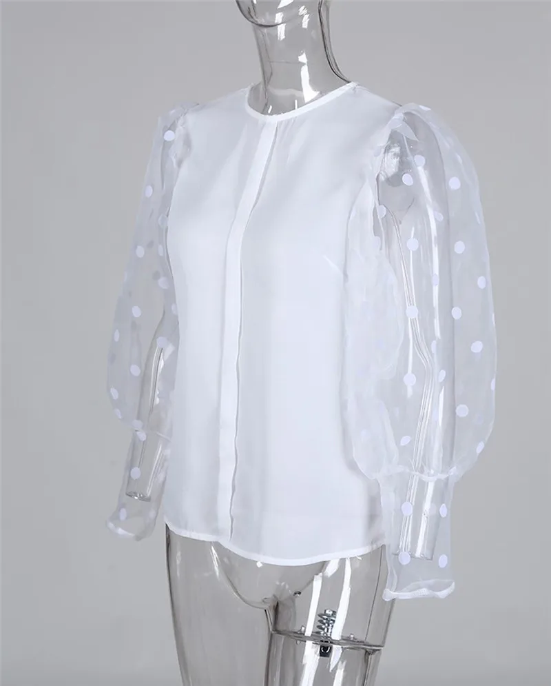 Прозрачная женская сетчатая прозрачная рубашка, блузка, топы, рубашки с круглым вырезом, кружевные пышные рукава, модные топы для женщин, OL, Летние повседневные блузки для женщин