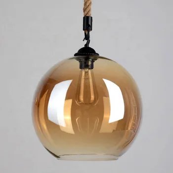 

27 Round Amber Glass Ball Hemp Rope Wire Hanging Lamp Dinning Room E Bubble Circular Pendant Light Scandinavian scandinavian