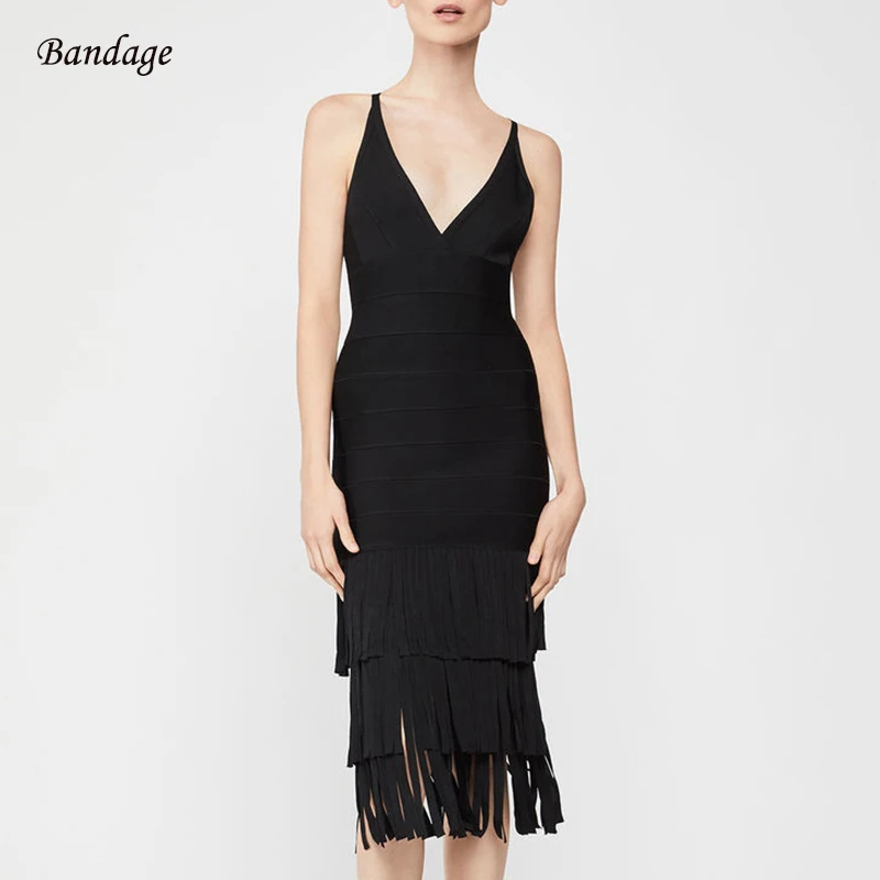 

Sexy Tassel Bandage Dress For Women Spaghetti Strap Deep V Neck Vestidos New Verano Sleeveless Evening Party Club Dresses Fringe