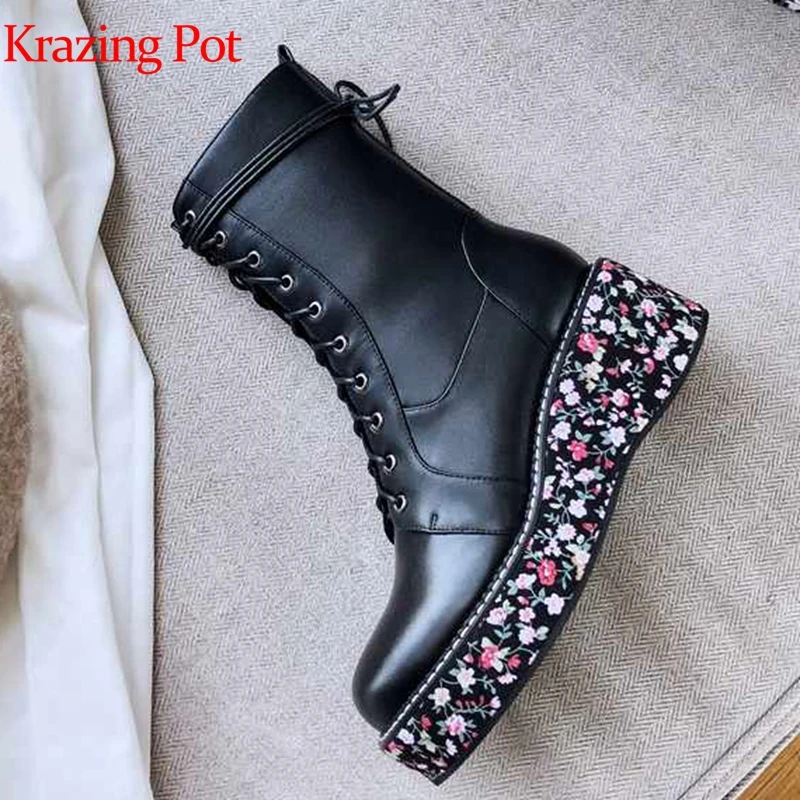 

krazing pot genuine leather round toe colorful rhinestone high heel thick bottom lace up keep warm beauty mild-calf boots l62