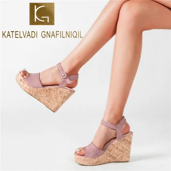 

KATELVADI Super 11CM High Heel Ladies Sandals Pink Wedges Sandals Summer Women Peep Toe Fashion Beach Shoes YW018