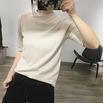 

Women Autumn Winter Solid Color Slim Half Sleeved Half High Collar Slim Bottom Sweet Sweater