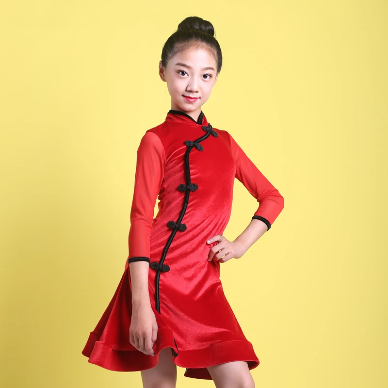 Костюмы для латинских танцев; тренировочная одежда с длинными рукавами для девочек; платья для танцев в китайском стиле Румба; детская юбка для танго и самбы; DQL2585