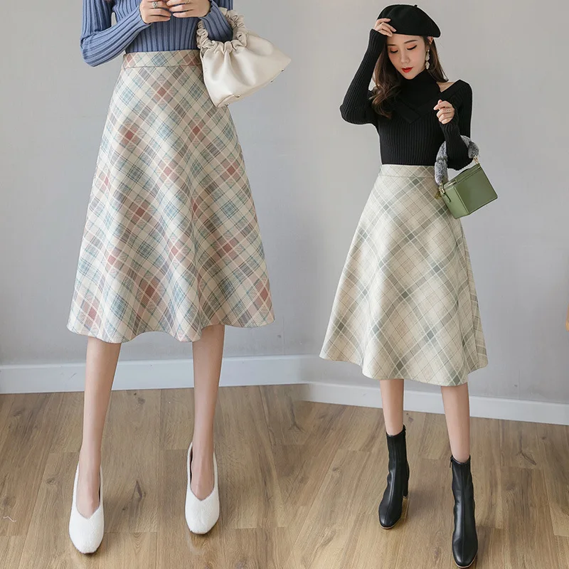 

Photo Shoot Video + mao ni liao Twill Plaid Skirt Mid-length 2019 Winter New Style Long Skirts