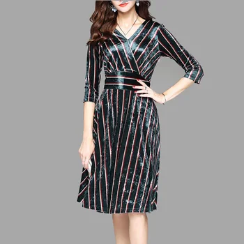 

2020 Spring Women's Dresses Stripe Trim V - neck Mid - sleeve Dress