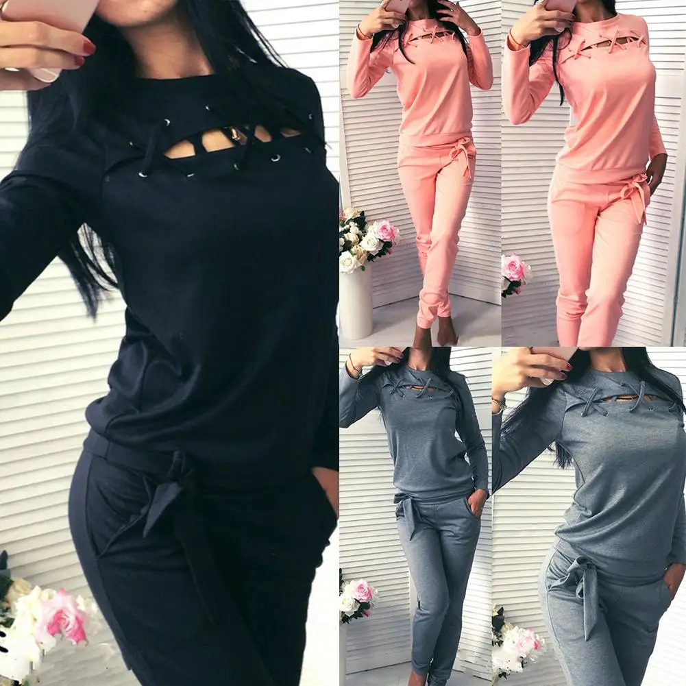 

Fashion 2Pcs/Set Women Tracksuit Solid Color Hollow Long Sleeve O Neck Blouse Pants Set Tracksuit Pullover Sweatshirt Female