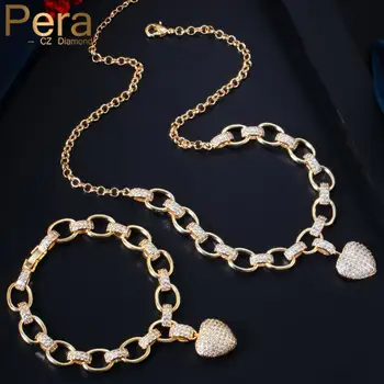 

Pera Bohemian Style CZ Zircon Yellow Gold Romantic Love Heart Pendant Necklace Bracelet Jewelry Sets for Ladies Party Gift J377