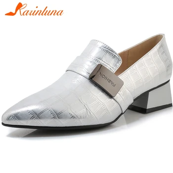 

KARINLUNA 2020 Spring New Ladies Med Heels Pumps Fashion Pointed Toe OL Pumps Women Elegant Patent Leather Dress Shoes Woman
