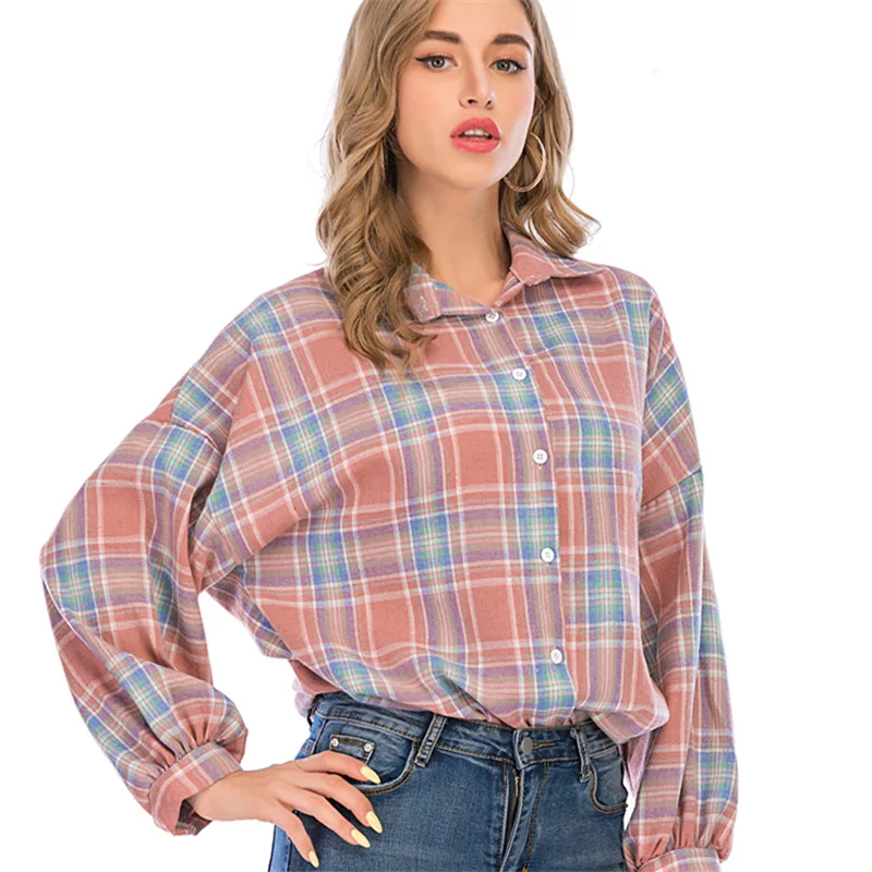 

Women Blouses New Autumn Turn-down Collar Blouse Shirt Plaid Long Sleeve Loose Boyfriends Shirts Tops Blusas Mujer De Moda 2020