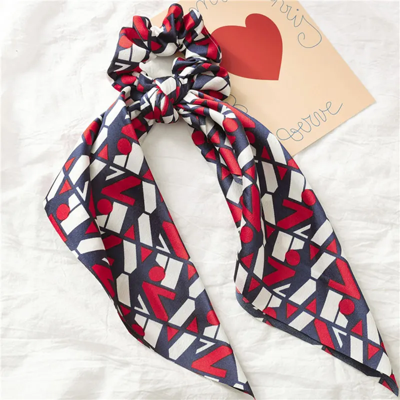 Retro square scarf knotted ponytail head hair ornament retro big bow elastic knot ribbon hair ring hair bander satin hair ring - Цвет: A45-7 square red