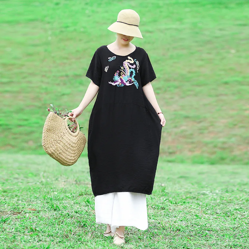 

2019 Summer New Style Retro Literature And Art Chinese-style Embroidered Mid-length Dress