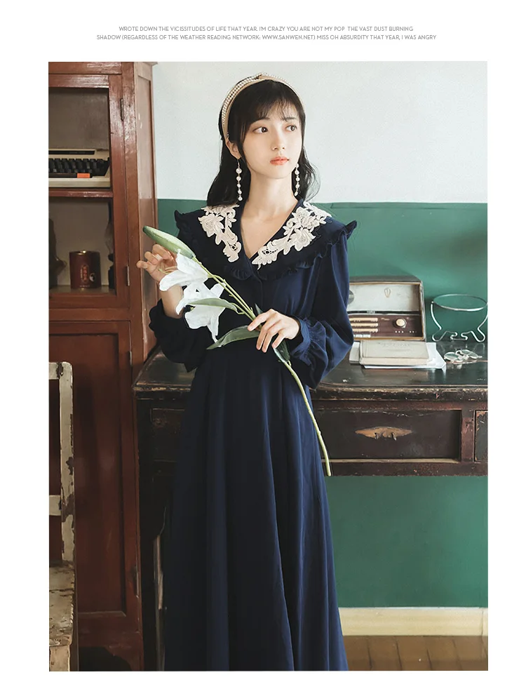 YOSIMI, Осень-зима, длинное винтажное женское платье макси, элегантное, длинный рукав, до середины икры, кружево, воротник Питер Пэн, женское платье миди