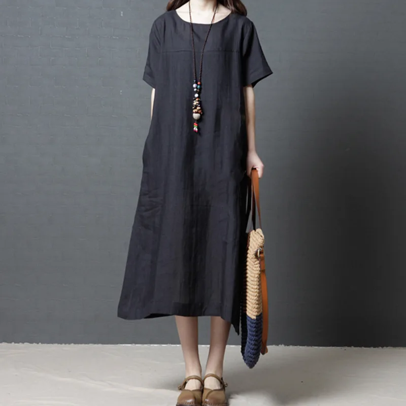 

Summer Wear New Style Large Size Dress Mid-length Solid Color Cotton Linen Short-sleeve Dress